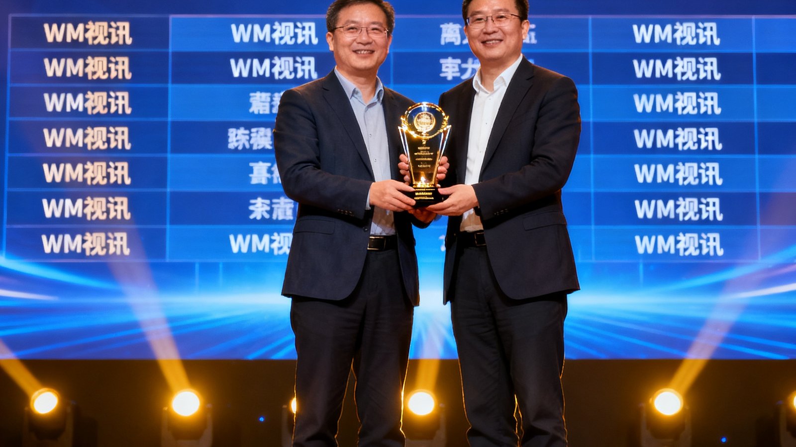 WM视讯代表在2025年度广电科技创新奖颁奖典礼上领取奖杯，背景屏幕显示获奖企业名单，彰显行业认可。
